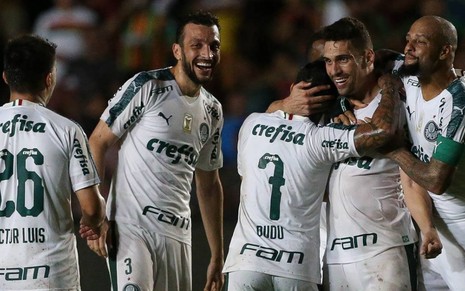 Jogadores do Palmeiras comemoram gol da vitória contra o Sampaio Corrêa na semana passada - DIVULGAÇÃO/PALMEIRAS