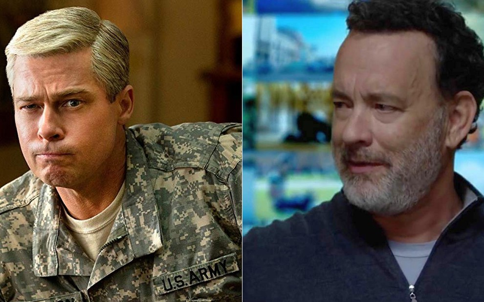 Brad Pitt no filme Máquina de Guerra e Tom Hanks em O Círculo: do cinema para os bastidores da TV - Fotos: Divulgação