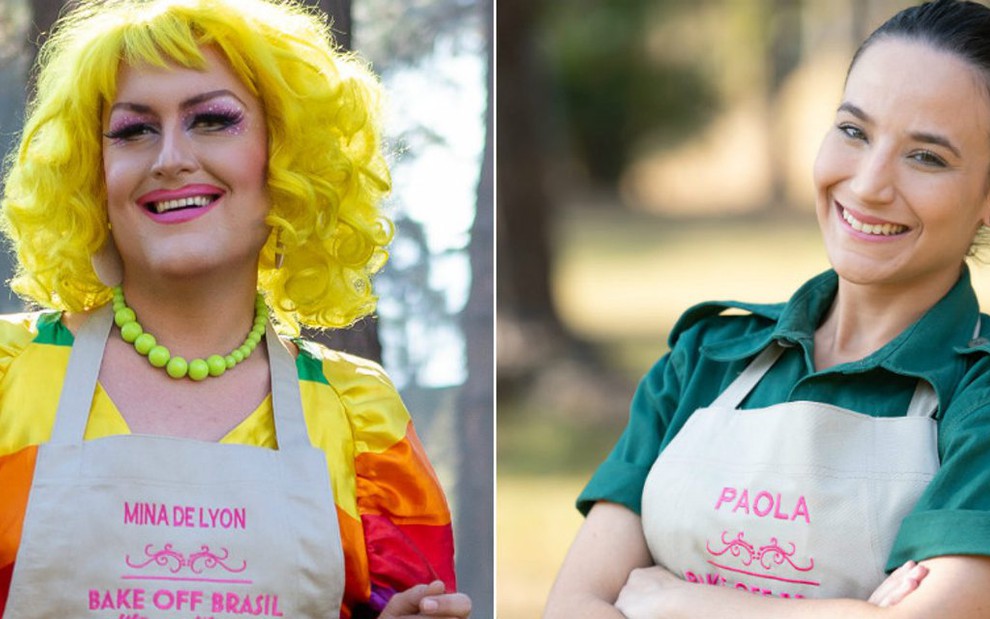 A drag queen Mina de Lyon e a oficial do Exército Paola, participantes do Bake Off Brasil - Divulgação/SBT