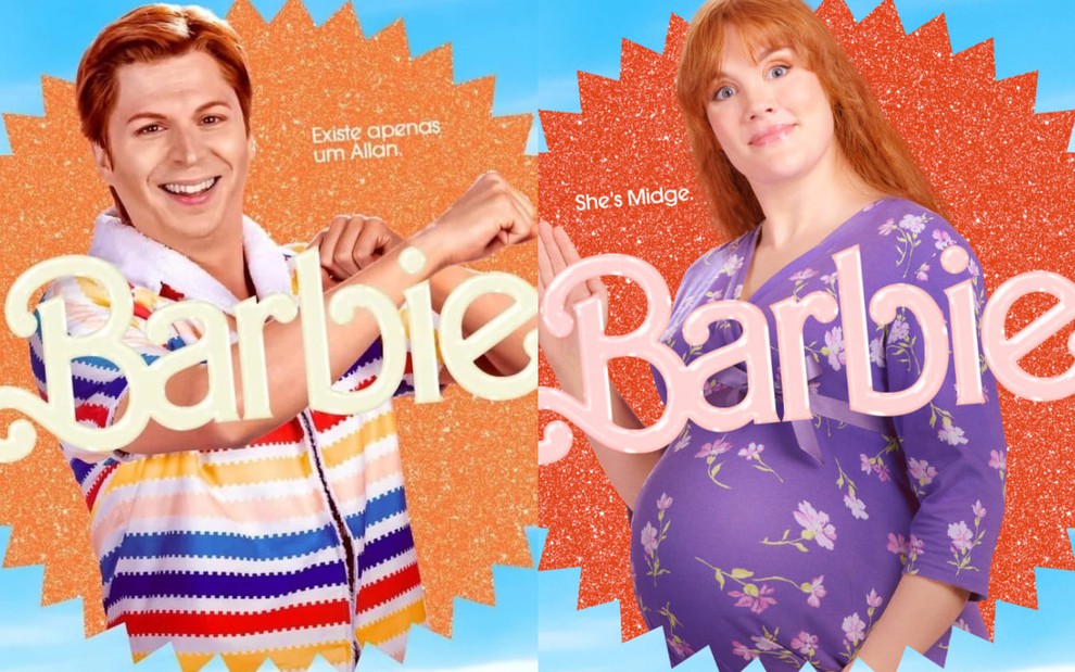 Montagem com os pôsteres de divulgação de Michael Cera, o Alan, e Emerald Fennell, a Midge, para o filme Barbie; os dois são ruivos. Ele usa uma camisa listrada, e ela um vestido lilás e está grávida.