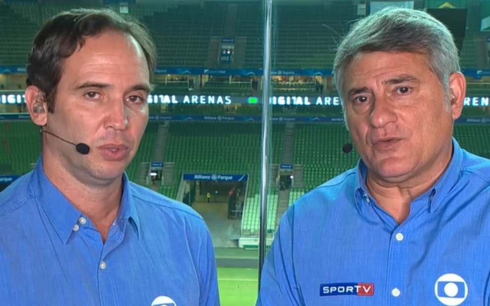 Caio Ribeiro (esquerda) e Cleber Machado em Palmeiras x Athletico-PR; Furacão é o preferido da Globo - REPRODUÇÃO/TV GLOBO