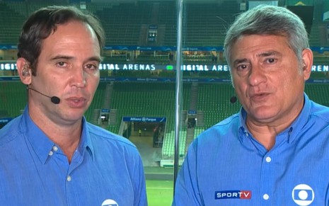 Caio Ribeiro (esquerda) e Cleber Machado em Palmeiras x Athletico-PR; Furacão é o preferido da Globo - REPRODUÇÃO/TV GLOBO