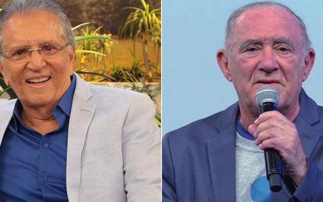 Os amigos Carlos Alberto de Nóbrega e Renato Aragão vão se encontrar no banco de A Praça É Nossa - Divulgação/SBT e Reprodução/TV Globo