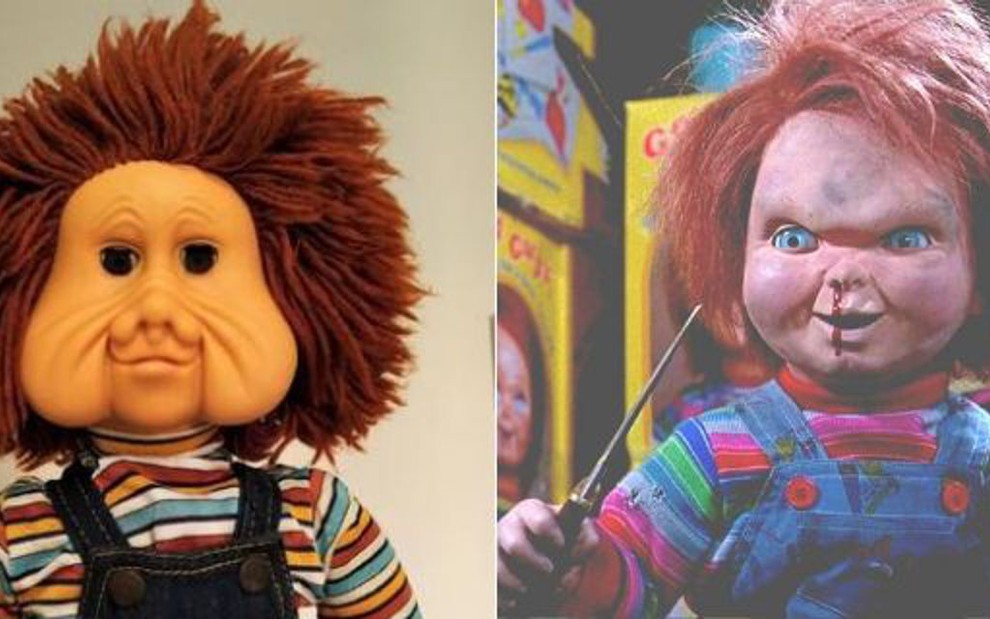 Fofão, personagem de programas da Globo e o boneco assassino Chucky, que davam medo em Caio Castro - DIVULGAÇÃO