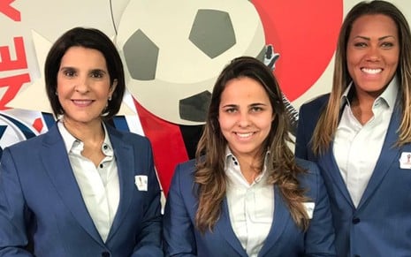 Vanessa Riche, Isabelly Morais e a goleira Bárbara Barbosa fizeram a transmissão de Brasil x Suíça - Reprodução/Twitter