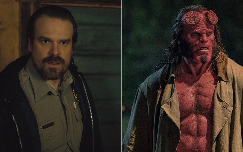 David Harbour como o xerife Hopper de Stranger Things e na pele do anti-herói Hellboy nos cinemas - Divulgação/Netflix e Lionsgate