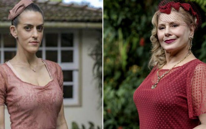 As atrizes Luciana Paes e Vera Fischer caractarizadas como as personagens dos anos 1930 Mimi e Gertrude - Divulgação/Globo