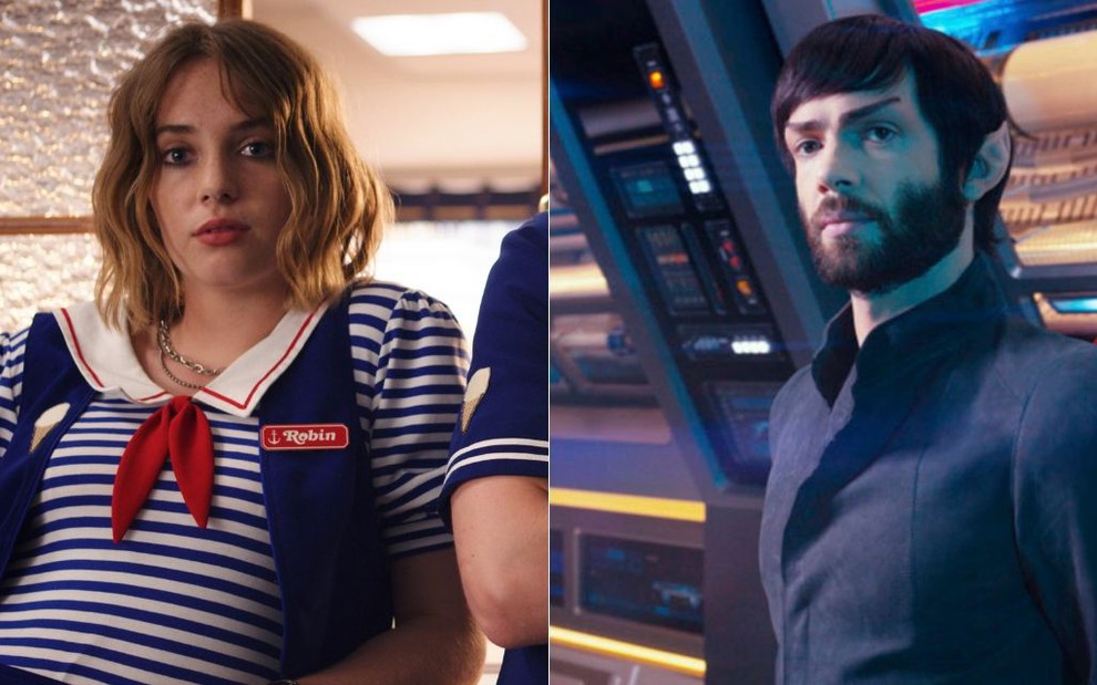 Maya Hawke vive a Robin em Stranger Things, enquanto Ethan Peck interpreta Spock em Star Trek - Divulgação/Netflix e CBS All Access