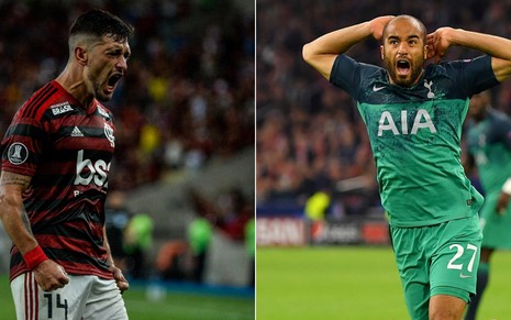 O Flamengo de Arrascaeta (à esq.) e o Tottenham de Lucas Moura são destaques do sábado na TV - DIVULGAÇÃO/FLAMENGO/TOTTENHAM