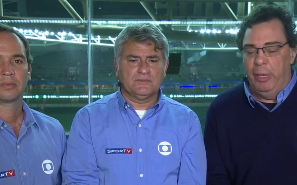 Caio Ribeiro (à esq.), Cleber Machado e Casagrande no último jogo do Palmeiras transmitido pela Globo no Allianz Parque - REPRODUÇÃO/TV GLOBO
