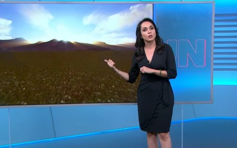 Izabella Camargo apresentando o mapa-tempo do Jornal Nacional, na Globo; jornalista foi demitida - REPRODUÇÃO/TV GLOBO