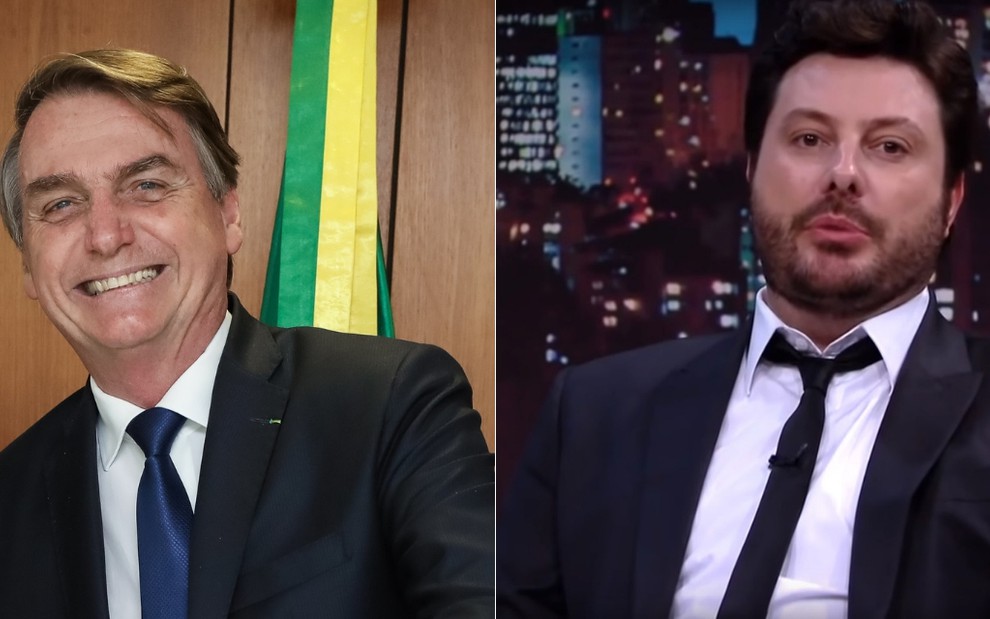 Jair Bolsonaro em evento oficial e Danilo Gentili no The Noite; presidente defendeu o apresentador no Twitter - DIVULGAÇÃO/PLANALTO E REPRODUÇÃO/SBT