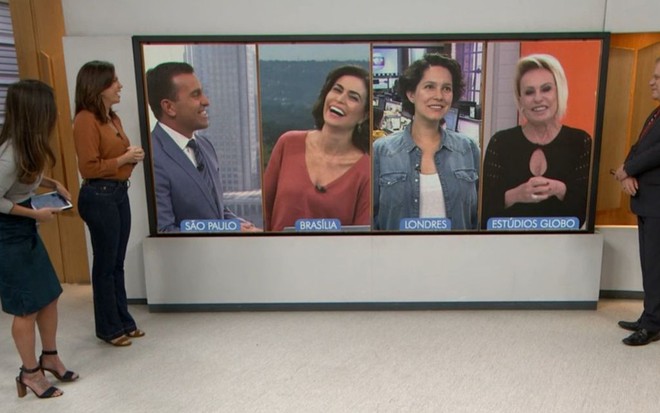 Apresentadores do Bom Dia Brasil e correspondentes riem de brincadeira de Rodrigo Bocardi e Ana Maria Braga - REPRODUÇÃO/TV GLOBO