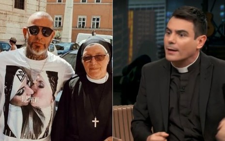Henrique Fogaça em foto controversa e padre Juarez no Conversa com Bial; religioso defendeu o chef - REPRODUÇÃO/INSTAGRAM/TV GLOBO