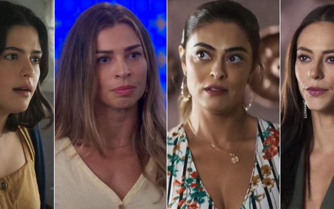 Montagem com as atrizes Julia Dalavia, Grazi Massafera, Juliana Paes e Paolla Oliveira como suas personagens nas novelas da Globo