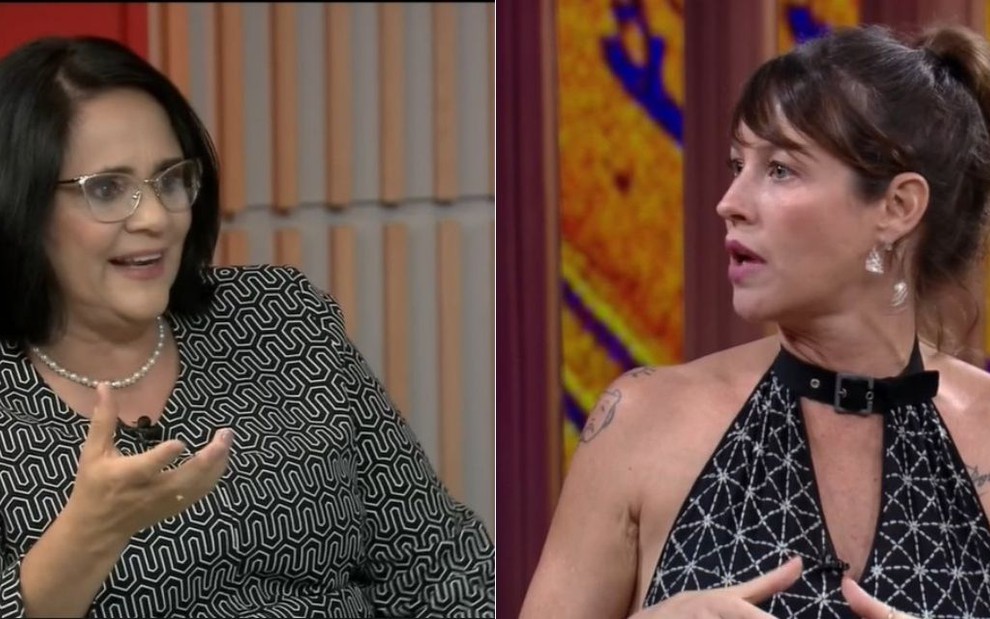 Damares Alves em entrevista à GloboNews, e Luana Piovani no Conversa com Bial; atriz criticou a ministra  - REPRODUÇÃO/TV GLOBO