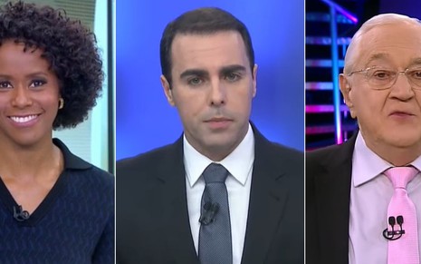 Os âncoras Maju Coutinho (Globo), Rafael Colombo (Band) e Boris Casoy (RedeTV!)