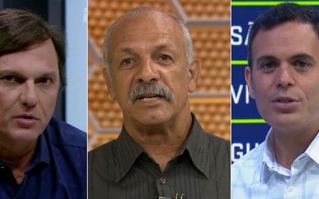 Mauro Cezar Pereira (à esq.), Júnior e Tiago Maranhão: diretas e indiretas nas redes sociais - REPRODUÇÃO/ESPN/TV GLOBO/SPORTV