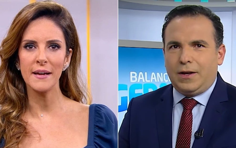 Montagem com foto dos jornalistas Monalisa Perrone, no Hora 1, da Globo, e Reinaldo Gottino, no Balanço Geral, da Record