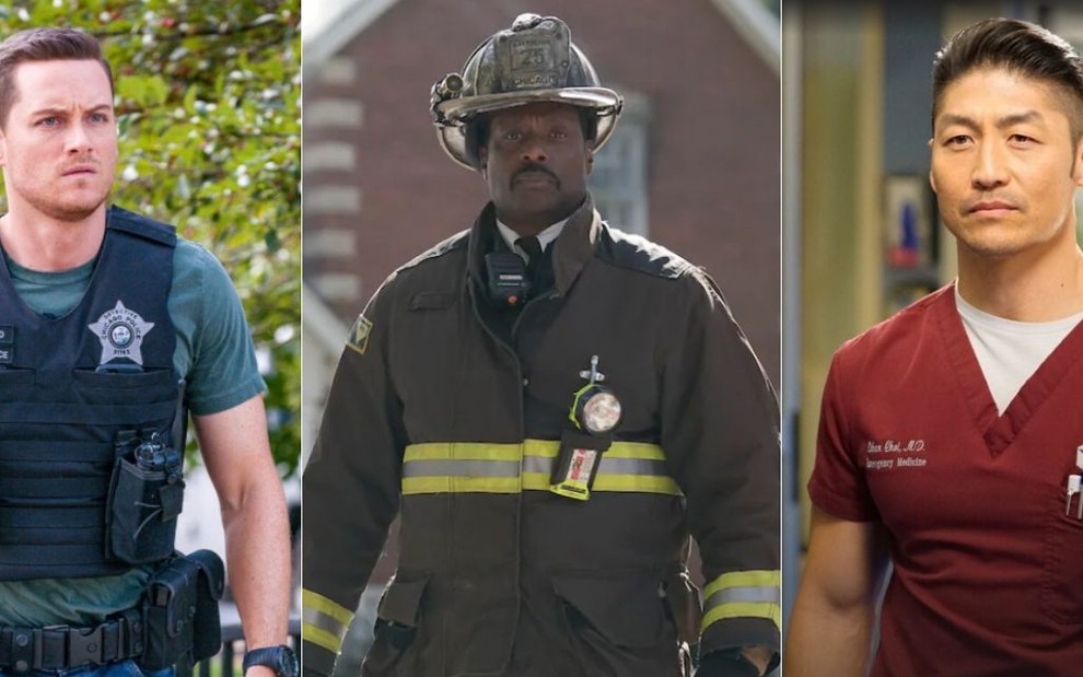 Os personagens Jay (Jesse Lee Soffer), de Chicago P.D; Boden (Eamonn Walker), de Chicago Fire; e o médico Ethan (Brian Tee), de Chicago Med