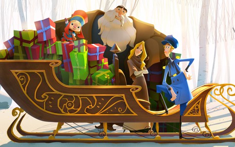 Os personagens Margu, Klaus, Alva e Jesper posam em um trenó natalino em imagem promocional do filme Klaus