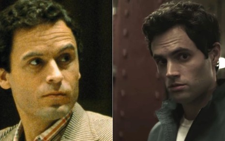O psicopata da vida real Ted Bundy (à esq.) e o ficcional Joe, vivido por Penn Badgley na série You - Fotos: Reprodução/Netflix