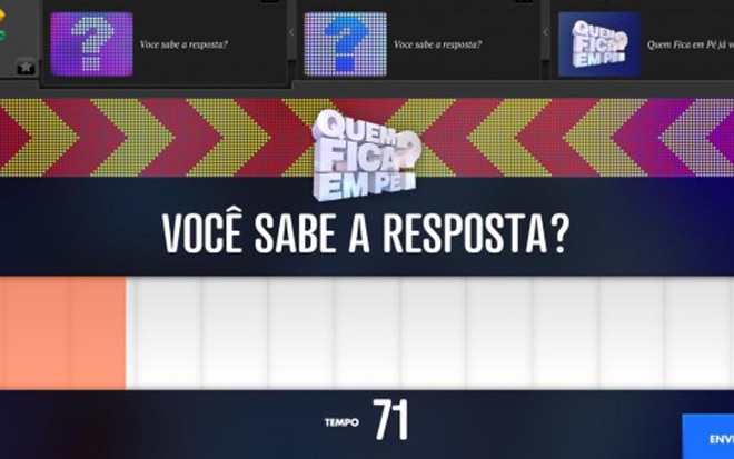 Tela do aplicativo do programa Quem Fica em Pé?, da Band, para dispositivos móveis - Divulgação/Band