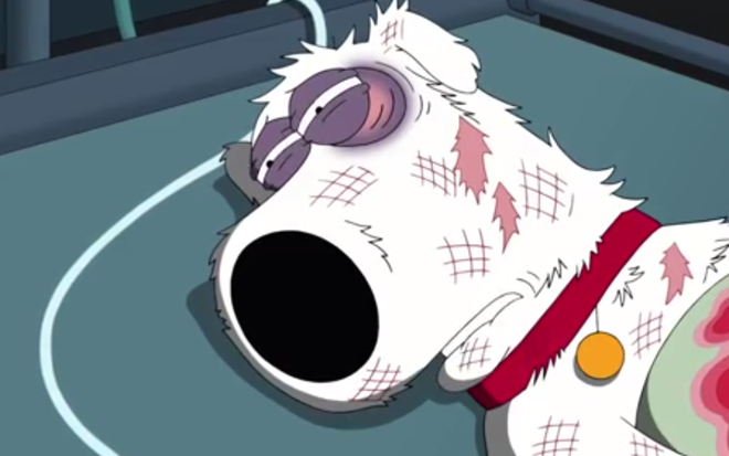 O cachorro Brian, da família Griffin há 14 anos, agoniza no veterinário momentos antes de morrer - Divulgação/Fox