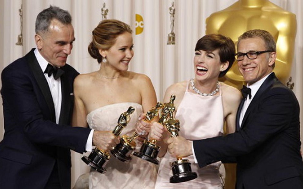 Daniel Day-Lewis, Jennifer Lawrence, Anne Hathaway e Christoph Waltz, vencedores do Oscar 2013 - Divulgação/Oscar