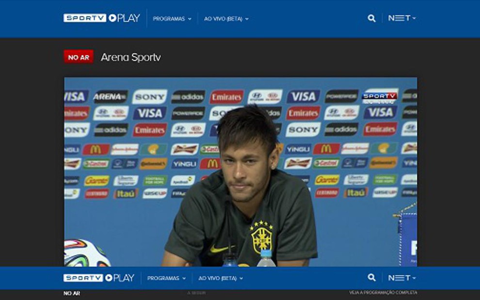 Tela do Sportv durante transmissão de entrevista coletiva de Neymar no serviço Globosat Play - Reprodução