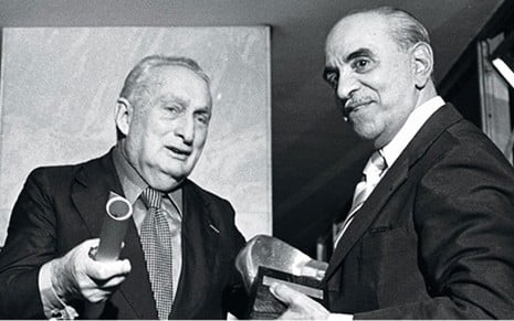 Os empresários Adolpho Bloch e Roberto Marinho, da Globo, na inauguração da Manchete, em 1983 - Divulgação
