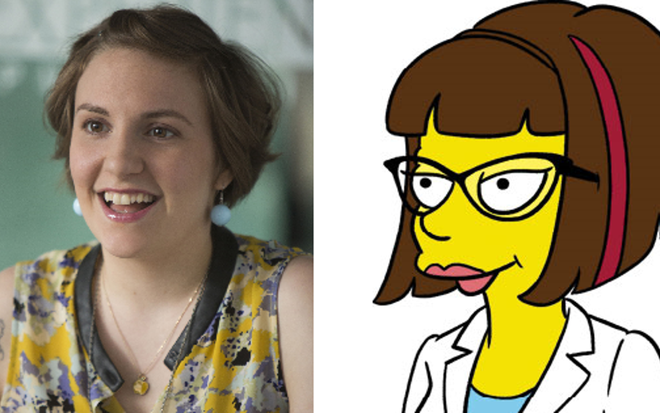 A atriz Lena Dunham em Girls e em Os Simpsons; ela aparecerá na estreia da 27ª temporada - Montagem/Divulgação/HBO/Fox