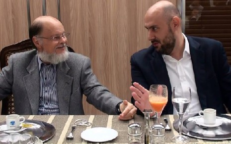 O bispo Edir Macedo e Douglas Tavolaro, vice-presidente de jornalismo, em almoço na Record - Divulgação/Record