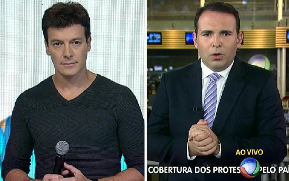 Rodrigo Faro e Reinaldo Gottino dividem tela na cobertura das manifestações pela Record, às 15h30 - Reprodução/TV Record/@RickSouza_