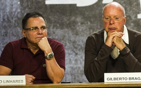 Ricardo Linhares e Gilberto Braga, coautores de Babilônia, em apresentação da novela à imprensa - JOÃO MIGUEL JÚNIOR/TV GLOBO