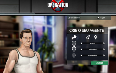Tela de criação de personagem do jogo Operation X, no qual o usuário se passa por um agente secreto  - Reprodução/Syfy games