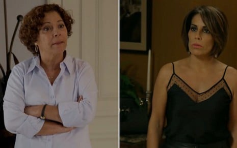 Cristina Galvão (Wilma) e Gloria Pires (Beatriz) em diferentes cenas da novela Babilônia, da Globo - Montagem/Reprodução/TV Globo