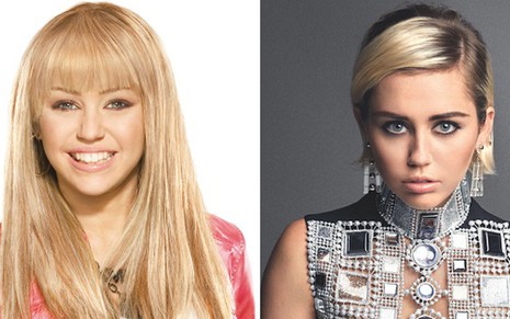 A cantora Miley Cyrus em Hannah Montana (à dir.) em comparação com ensaio para a revista Marie Claire  - Montagem/Divulgação/Disney/Marie Claire