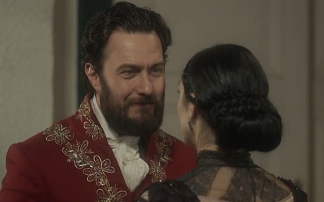 Gabriel Braga Nunes (Thomas) e Isabelle Drumond (Anna) em cena de Novo Mundo, da Globo - Reprodução/TV Globo