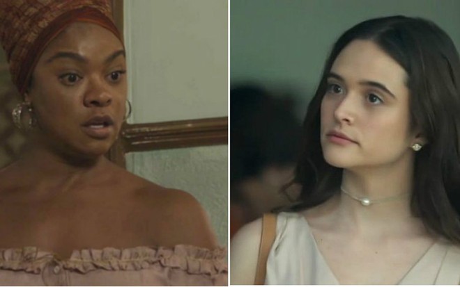 Cairu (Cris Vianna) e Marocas (Juliana Paiva) terão briga por vestidos em O Tempo Não Para - Reprodução/Globo