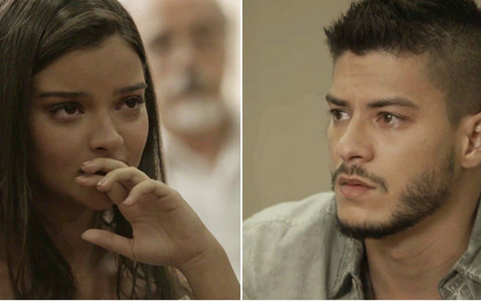 Melissa (Gabriela Mustafá) e Diego (Arthur Aguiar) oficializarão o fim do casamento na novela - Reprodução/Globo