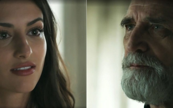 Montagem de uma cena de Órfãos da Terra: personagens Camila (Anajú Dorigon, à esq.) e Aziz (Herson Capri à dir.) 