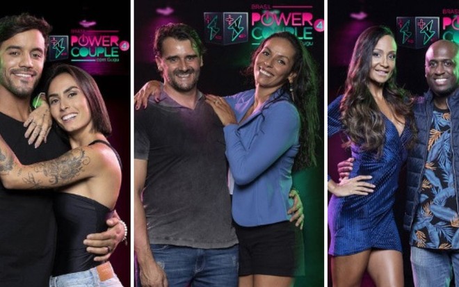 André Coelho/Clara Maia, Alexandre Folhas/Paula Pequeno e Drika Marinho/André Marinho estão na D.R. do Power Couple - DIVULGAÇÃO/RECORD