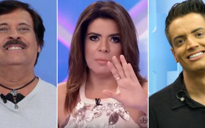 Mara Maravilha entre Carlinhos Aguiar e Leo Dias: ela foi acusada de tentar prejudicar os dois - Reprodução/SBT