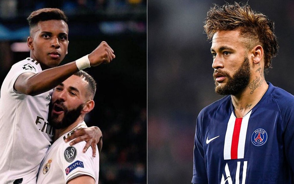 Montagem de fotos com Benzema levantando o brasileiro Rodrygo; e Neymar com a camisa do PSG