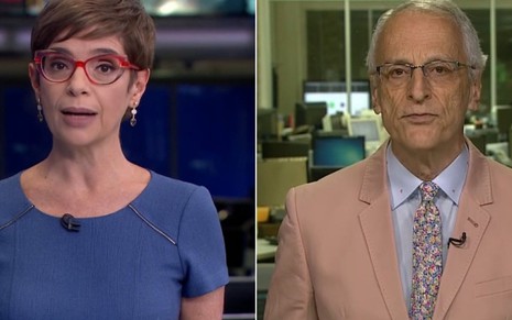 Renata Lo Prete e Jorge Pontual no Jornal da Globo: cores das roupas chamaram a atenção - REPRODUÇÃO/TV GLOBO