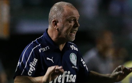 O técnico Mano Menezes, vestido com o uniforme do Palmeiras, gesticula com as duas mãos