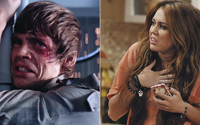 O ator Mark Hamill no filme O Retorno de Jedi e a atriz Miley Cyrus na série Hannah Montana