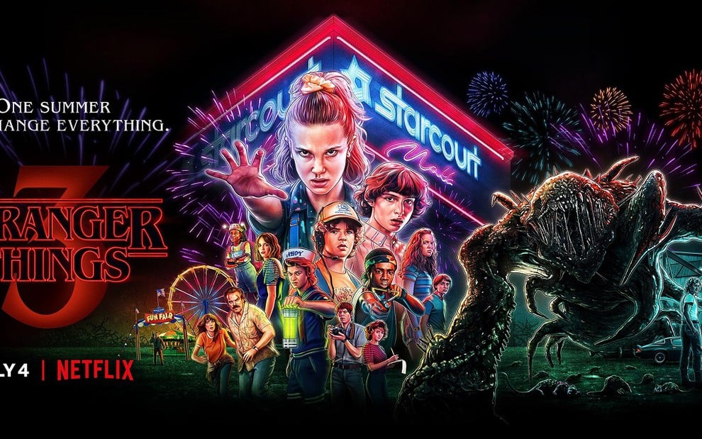 Pôster da terceira temporada de Stranger Things com data de estreia da série, em 4 de julho