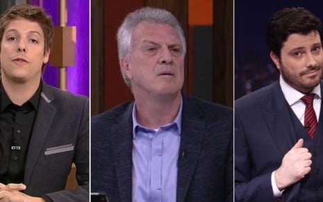 Fábio Porchat (à esq.), Pedro Bial e Danilo Gentili em seus programas noturnos: fé em crise - Imagens: Reprodução